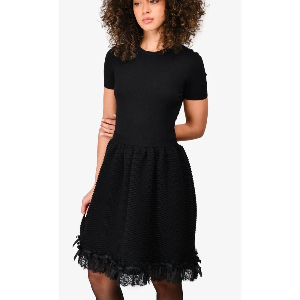 RED Valentino Black Wool Ribbon Hem Lace Detail Knit Dress Size XS